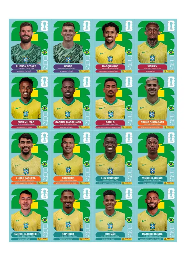 Folha de figurinhas do Brasil impressa e recortada